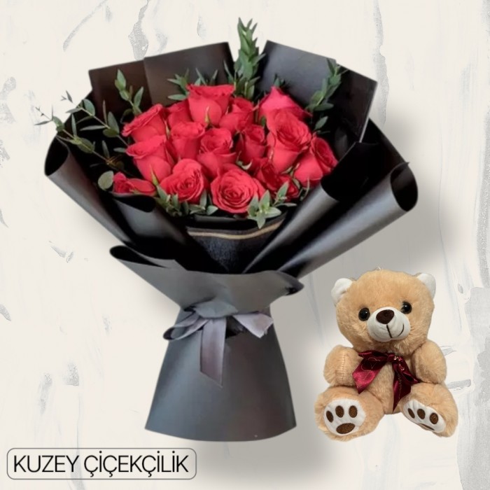 17 Kırmızı Gül Buketi Ayıcık