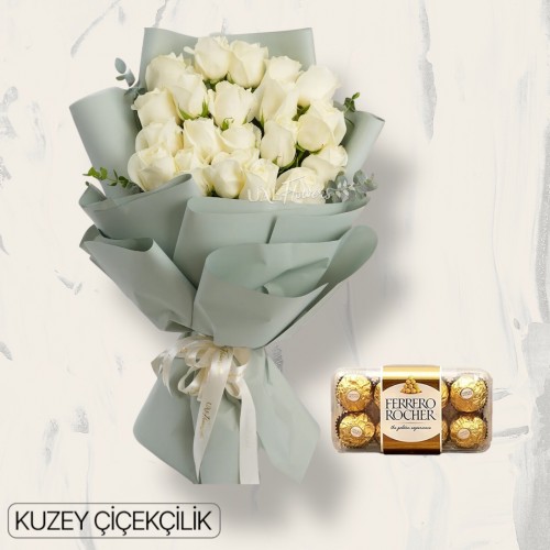 19 Beyaz Gül Buketi 16'lı Ferrero Çikolata