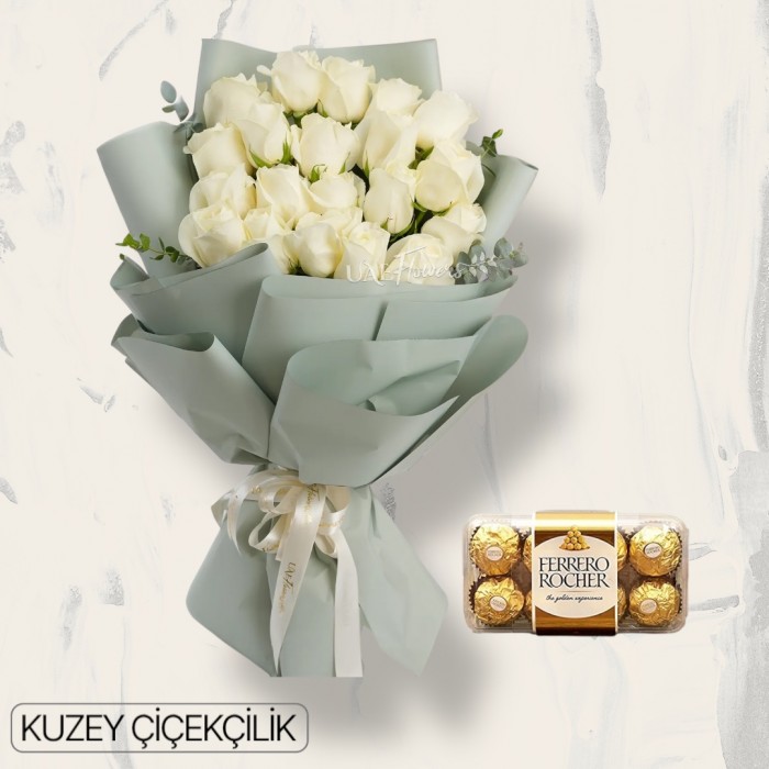 19 Beyaz Gül Buketi 16lı Ferrero Çikolata