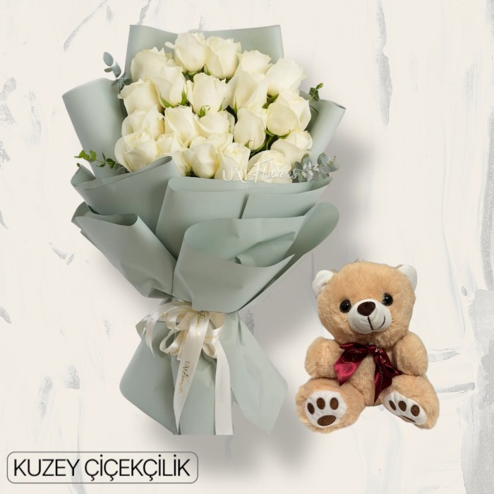 19 Beyaz Gül Buketi Ayıcık