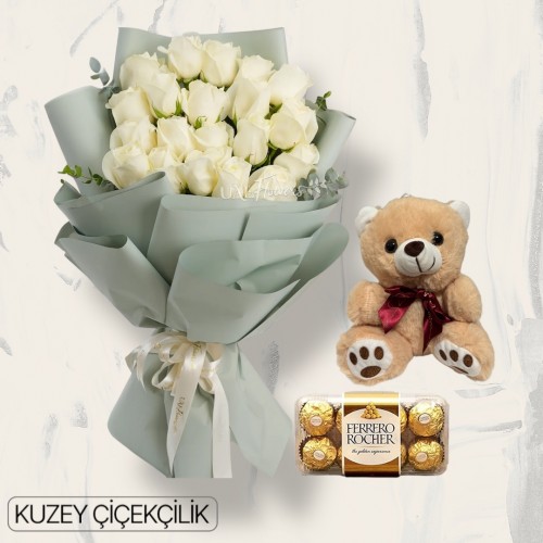 19 Beyaz Gül Buketi Ayıcık 16'lı Ferrero Çikolata