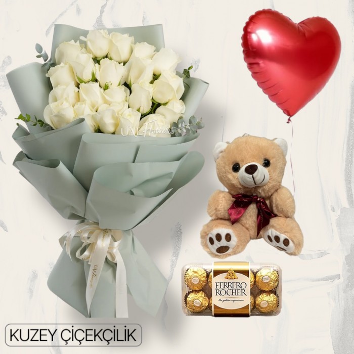 19 Beyaz Gül Buketi Ayıcık 16lı Ferrero Çikolata Kalp Helyum Balon