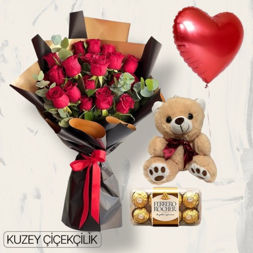 19 Kırmızı Gül Buketi 16'lı Ferrero Çikolata Ayıcık Kalp Helyum Balon