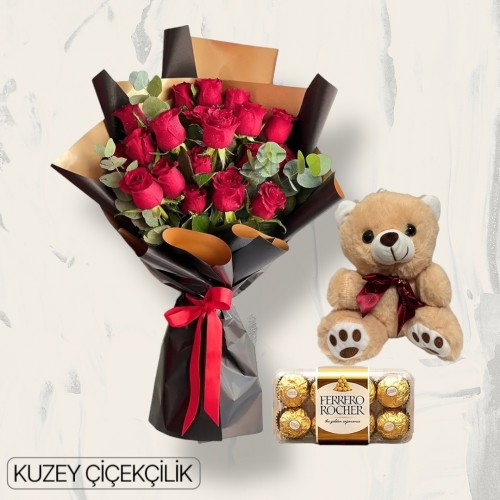 19 Kırmızı Gül Buketi 16'lı Ferrero Çikolata ve Ayıcık