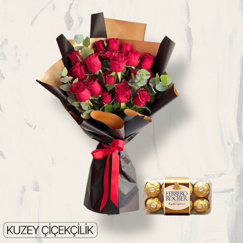 19 Kırmızı Gül Buketi 16'lı Ferrero Çikolata