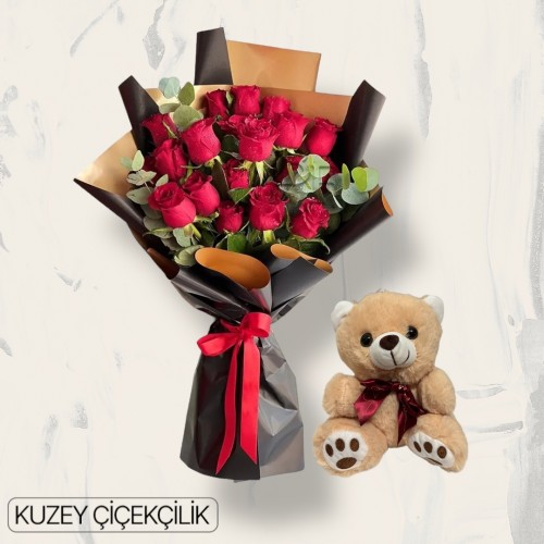 19 Kırmızı Gül Buketi Ayıcık