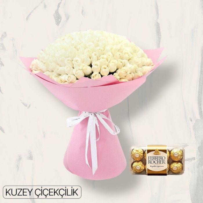 201 Beyaz Gül Buketi 16lı Ferrero Çikolata