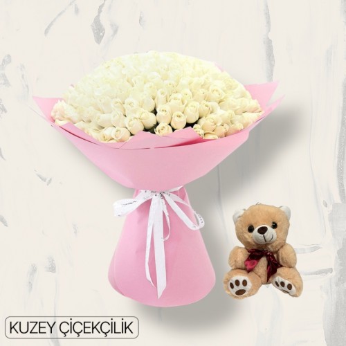 201 Beyaz Gül Buketi Ayıcık