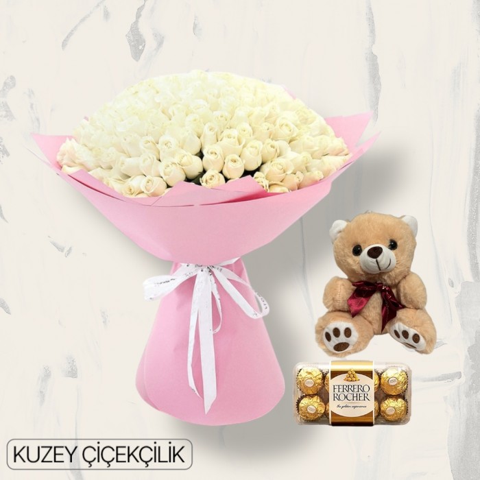 201 Beyaz Gül Buketi Ayıcık 16lı Ferrero Çikolata