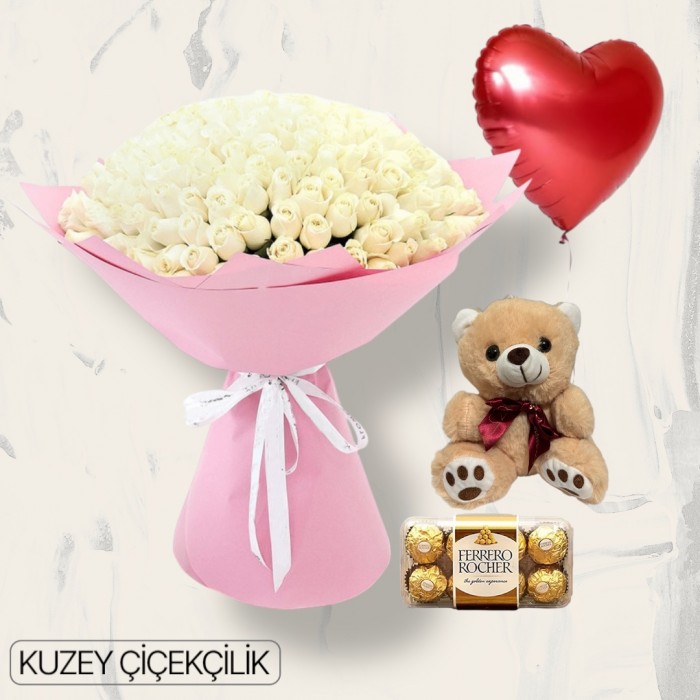 201 Beyaz Gül Buketi Ayıcık 16lı Ferrero Çikolata Kalp Helyum Balon