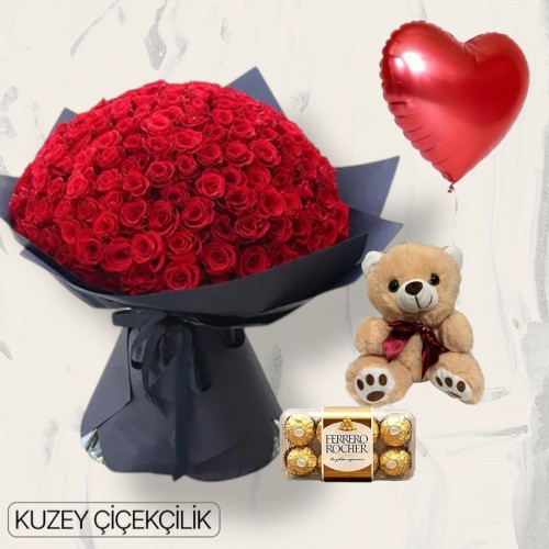 201 Kırmızı Gül Buketi 16'lı Ferrero Çikolata Ayıcık Kalp Helyum Balon