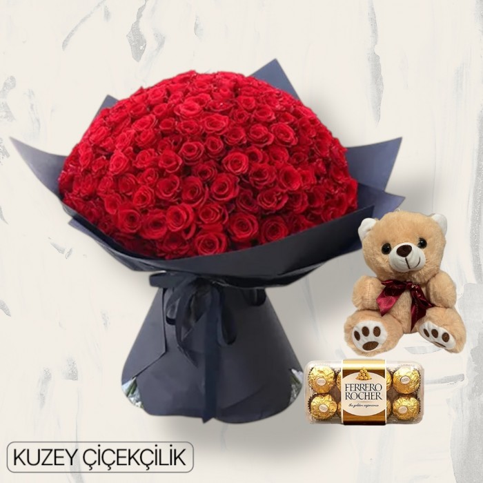 201 Kırmızı Gül Buketi 16lı Ferrero Çikolata ve Ayıcık