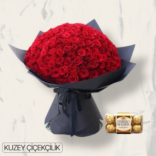 201 Kırmızı Gül Buketi 16'lı Ferrero Çikolata