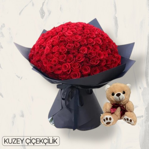 201 Kırmızı Gül Buketi Ayıcık