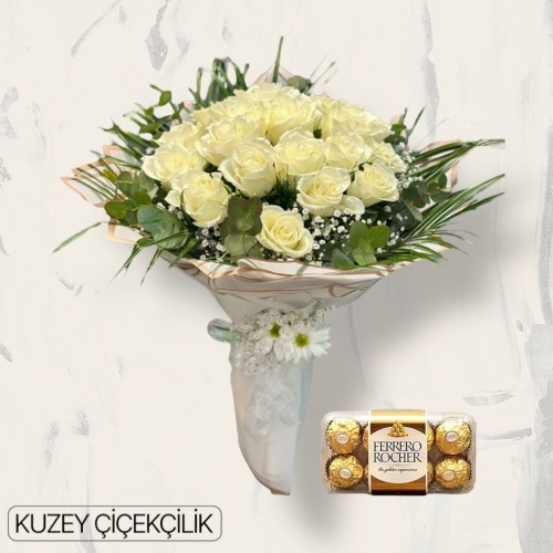 23 Beyaz Gül Buketi 16'lı Ferrero Çikolata