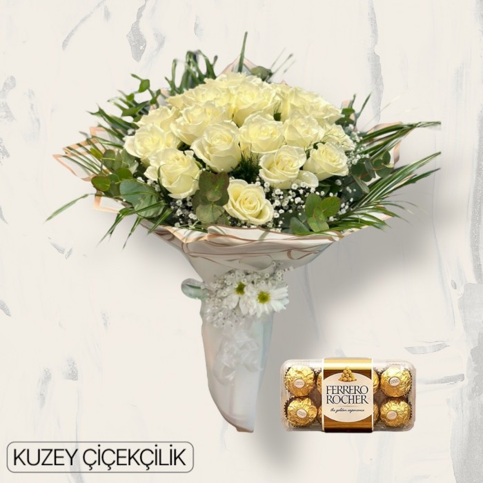23 Beyaz Gül Buketi 16lı Ferrero Çikolata