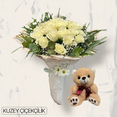 23 Beyaz Gül Buketi Ayıcık