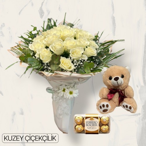 23 Beyaz Gül Buketi Ayıcık 16'lı Ferrero Çikolata