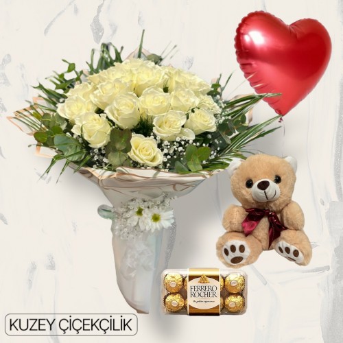 23 Beyaz Gül Buketi Ayıcık 16'lı Ferrero Çikolata Kalp Helyum Balon