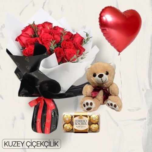 21 Kırmızı Gül Buketi 16'lı Ferrero Çikolata Ayıcık Kalp Helyum Balon