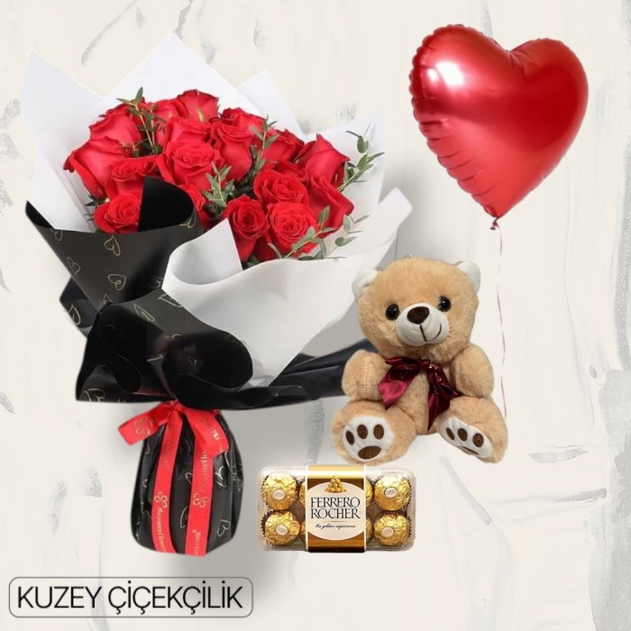 21 Kırmızı Gül Buketi 16lı Ferrero Çikolata Ayıcık Kalp Helyum Balon