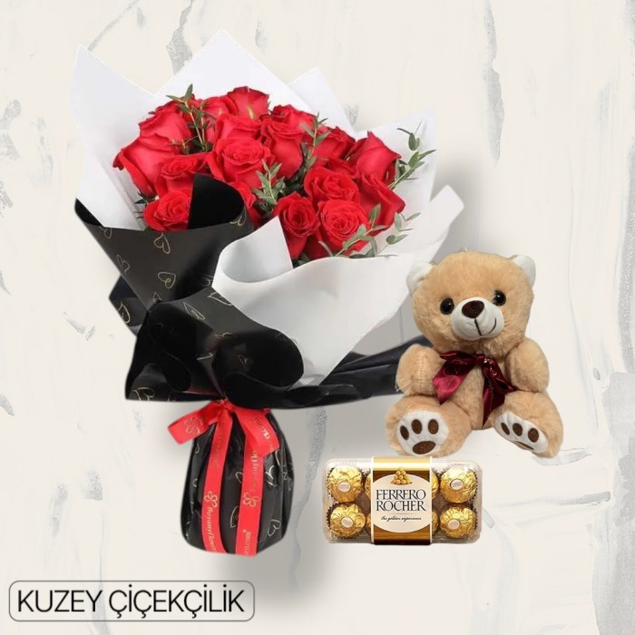 21 Kırmızı Gül Buketi 16lı Ferrero Çikolata ve Ayıcık