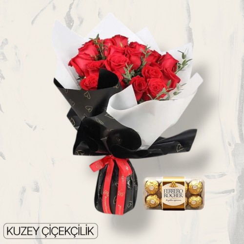 21 Kırmızı Gül Buketi 16'lı Ferrero Çikolata