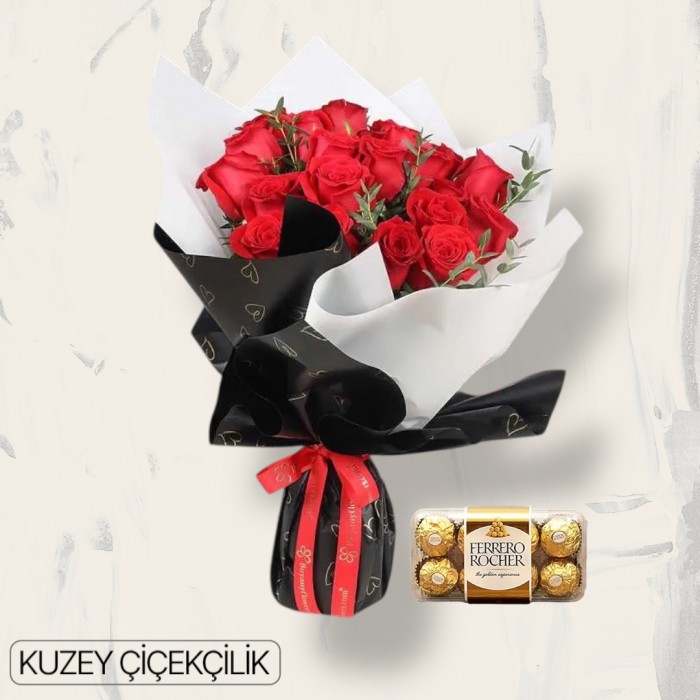 21 Kırmızı Gül Buketi 16lı Ferrero Çikolata