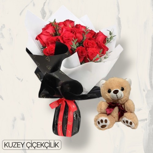 21 Kırmızı Gül Buketi Ayıcık