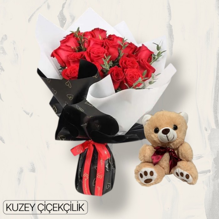 21 Kırmızı Gül Buketi Ayıcık