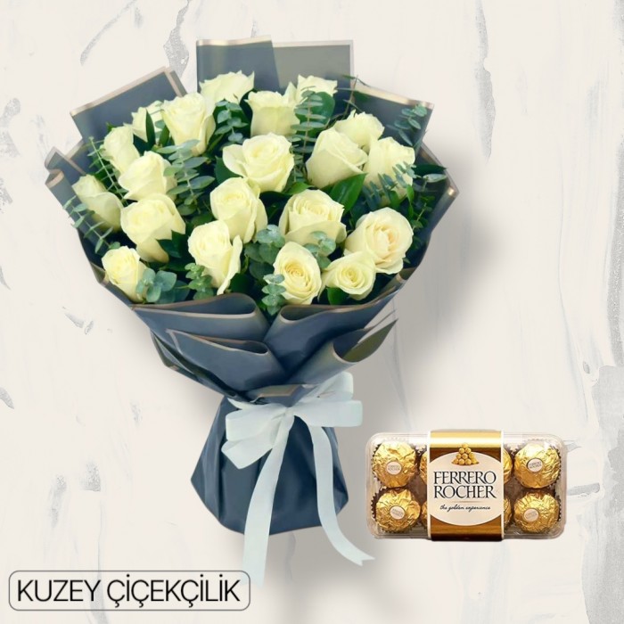21 Beyaz Gül Buketi 16lı Ferrero Çikolata