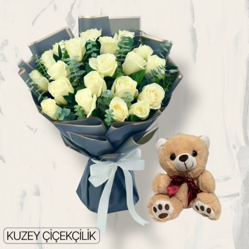 21 Beyaz Gül Buketi Ayıcık