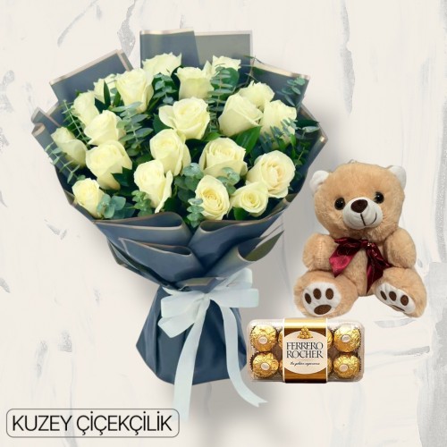 21 Beyaz Gül Buketi Ayıcık 16'lı Ferrero Çikolata