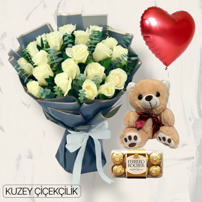 21 Beyaz Gül Buketi Ayıcık 16lı Ferrero Çikolata Kalp Helyum Balon