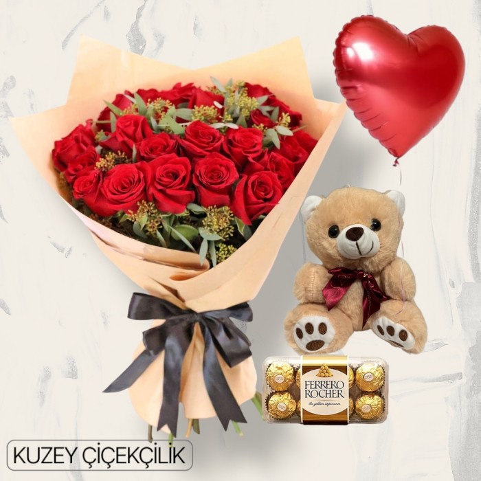 23 Kırmızı Gül Buketi 16lı Ferrero Çikolata Ayıcık Kalp Helyum Balon