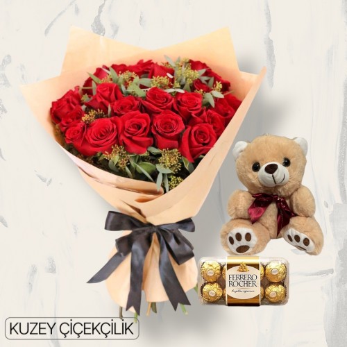 23 Kırmızı Gül Buketi 16'lı Ferrero Çikolata ve Ayıcık