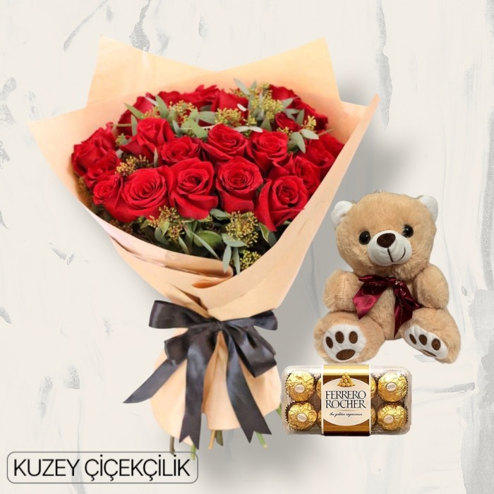 23 Kırmızı Gül Buketi 16lı Ferrero Çikolata ve Ayıcık
