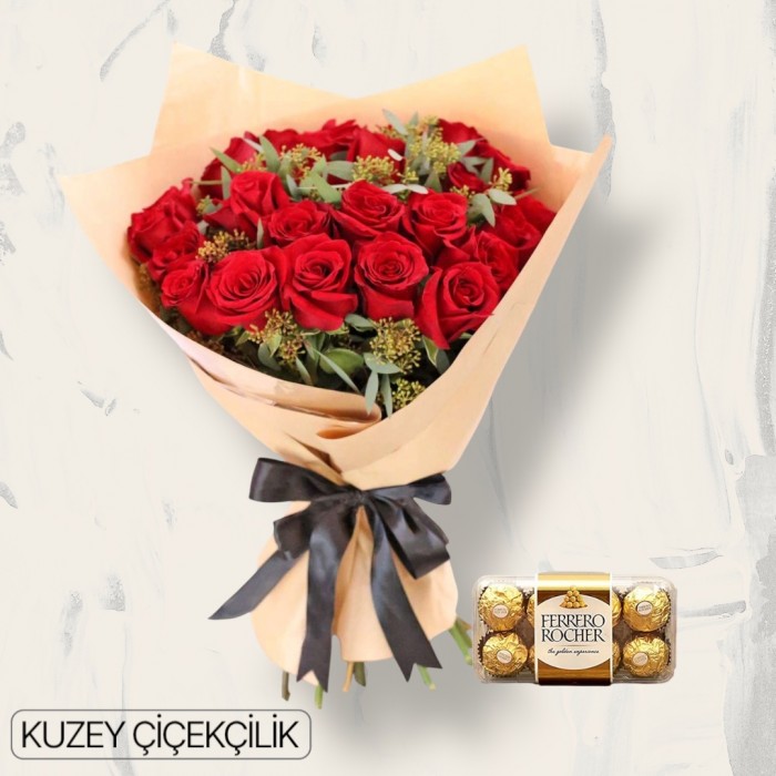 23 Kırmızı Gül Buketi 16lı Ferrero Çikolata