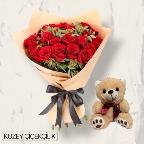 23 Kırmızı Gül Buketi Ayıcık