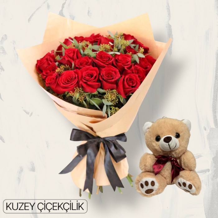 23 Kırmızı Gül Buketi Ayıcık