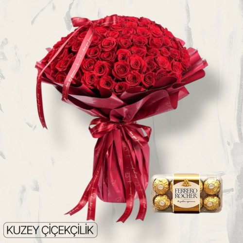 101 Kırmızı Gül Buketi 16'lı Ferrero Çikolata