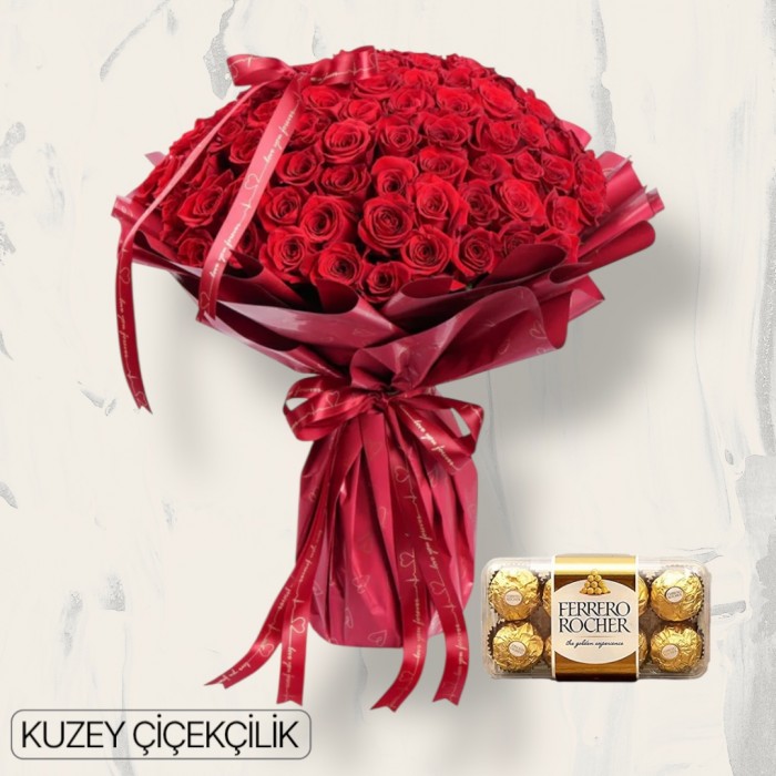 101 Kırmızı Gül Buketi 16lı Ferrero Çikolata