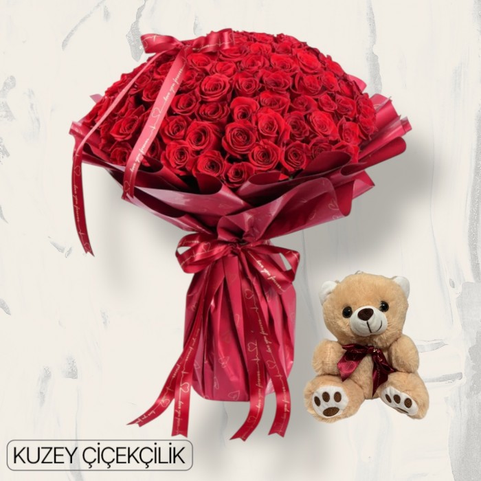 101 Kırmızı Gül Buketi Ayıcık