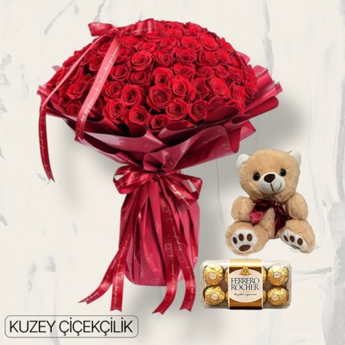 101 Kırmızı Gül Buketi 16'lı Ferrero Çikolata ve Ayıcık