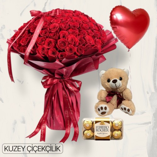 101 Kırmızı Gül Buketi 16'lı Ferrero Çikolata Ayıcık Kalp Helyum Balon