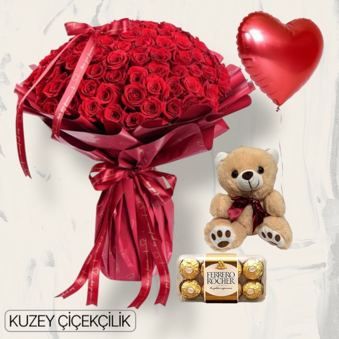 101 Kırmızı Gül Buketi 16lı Ferrero Çikolata Ayıcık Kalp Helyum Balon