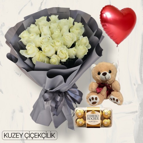 25 Beyaz Gül Buketi Ayıcık 16'lı Ferrero Çikolata Kalp Helyum Balon