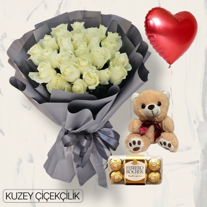 25 Beyaz Gül Buketi Ayıcık 16lı Ferrero Çikolata Kalp Helyum Balon