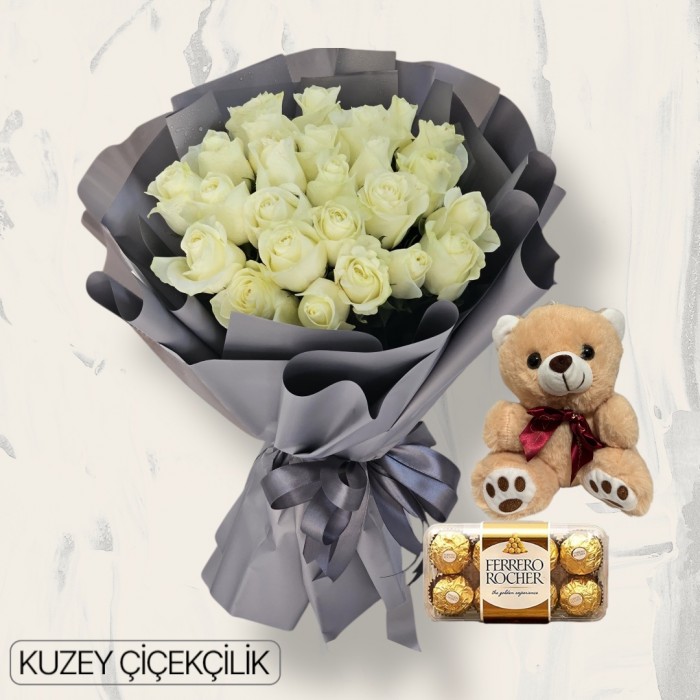 25 Beyaz Gül Buketi Ayıcık 16lı Ferrero Çikolata