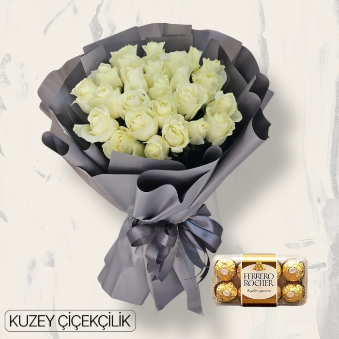 25 Beyaz Gül Buketi 16lı Ferrero Çikolata